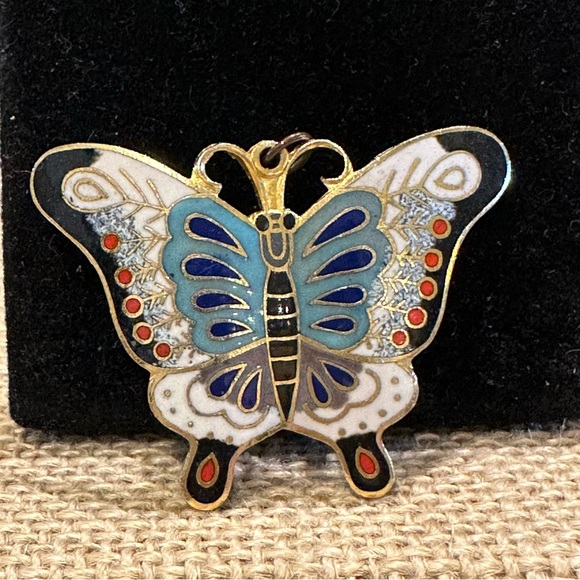 Gorgeous Cloisonne Butterfly Brooch / Pendant- gold tone w/ blue, black, white - Picture 2 of 8